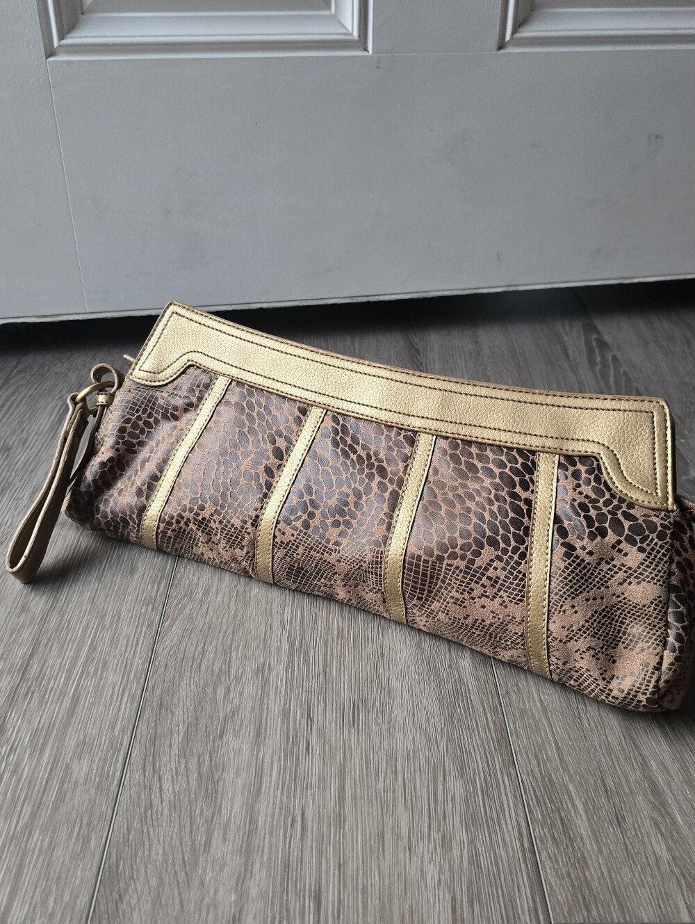 Donna Dixon Snake Print Clutch Wristlet Gold Trim Brown Zip Oversized Baguette